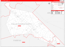 Falls ChurchCounty, VA Wall Map Zip Code Red Line Style 2024